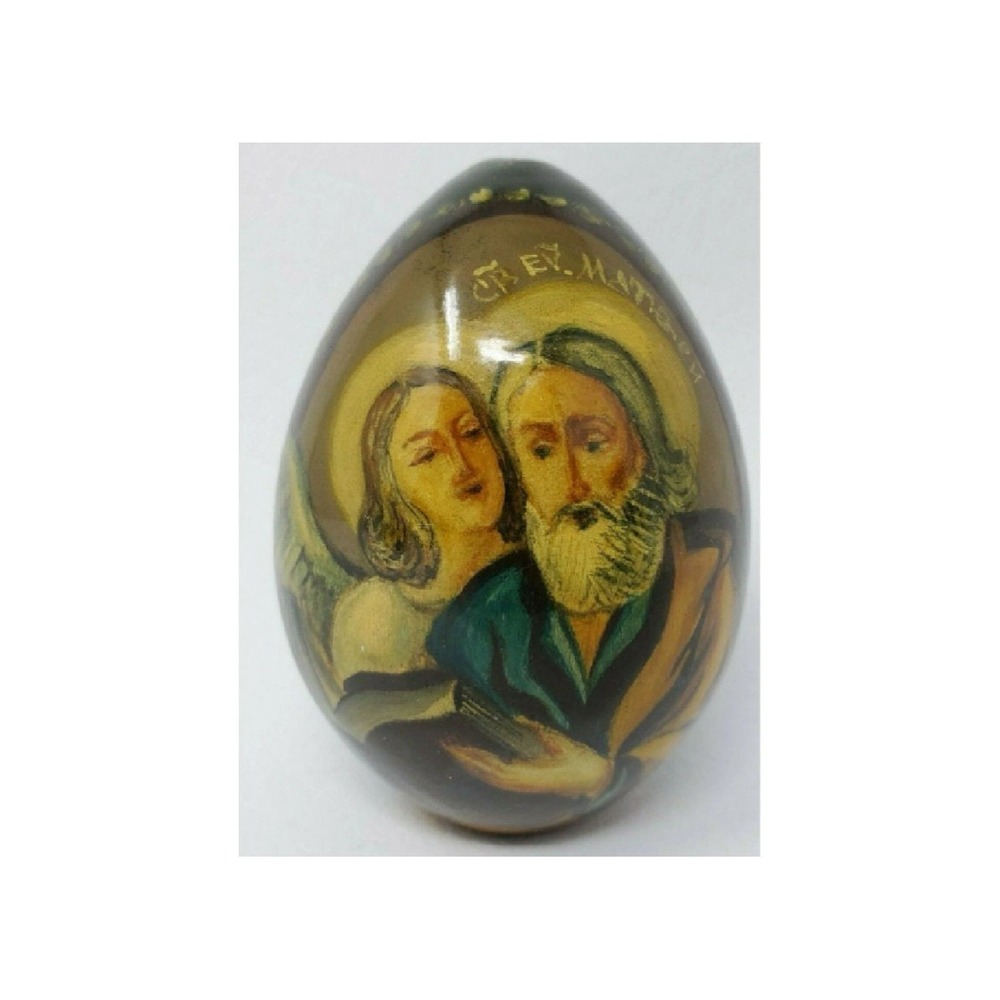 Beautiful Hand painted Russian Wooden Egg Saint with Book and Angel Signed 3.25"